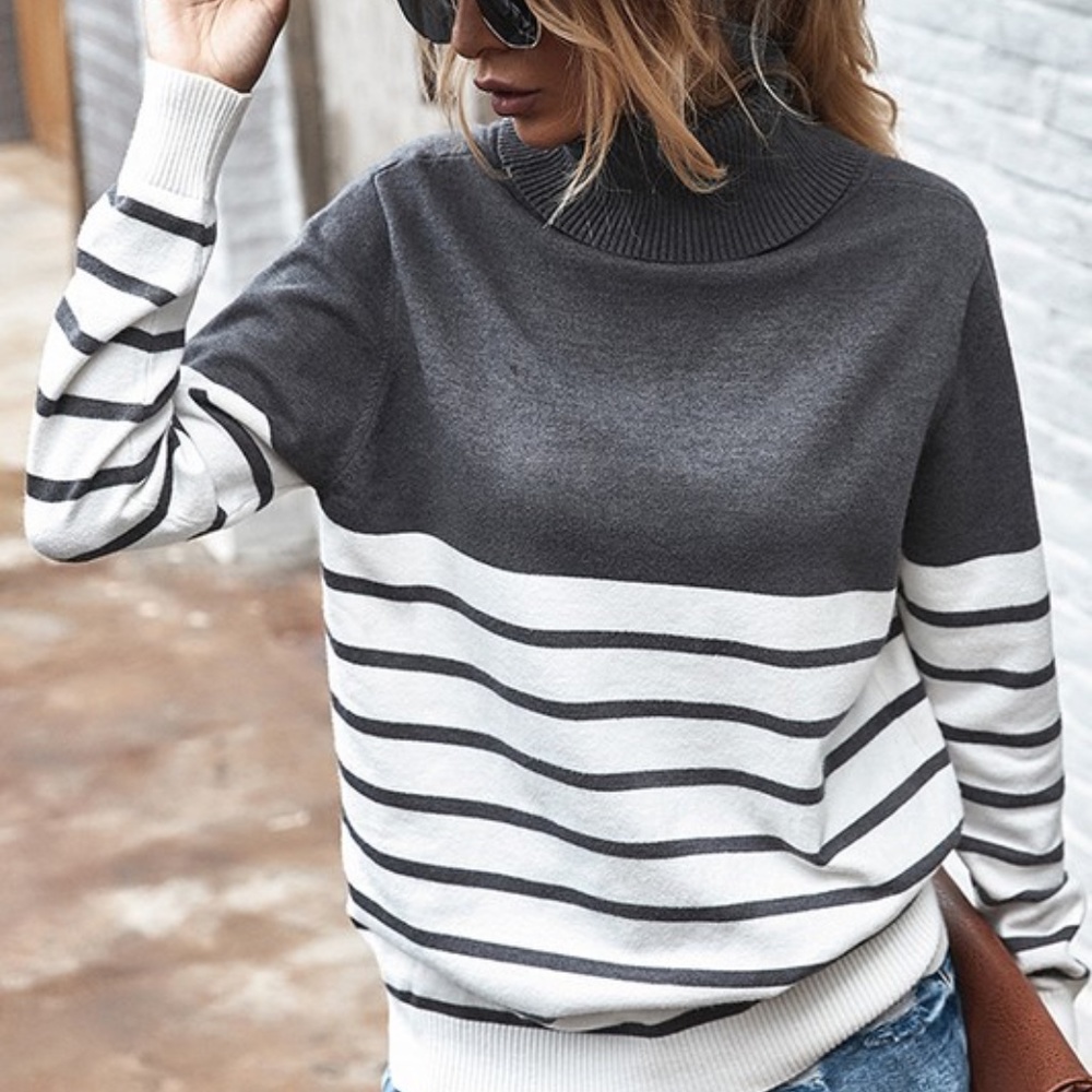 STRIPED turtleneck knit sweater - charcoal - Picture 8 of 8